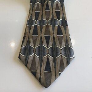 Share Martin Wong Napa Men's Necktie Tie Silk Satin Tan, Gray and white Geometri